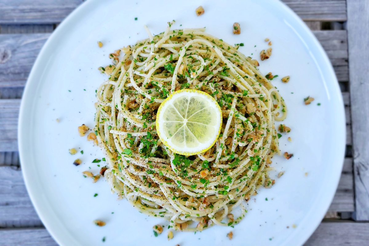 Spaghetti with Lemon, Parsley, and Walnuts - Plant-Based Matters