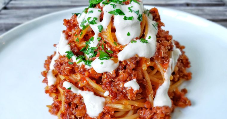 Spaghetti Red Quinoa “Bolognese” with Cashew Cream