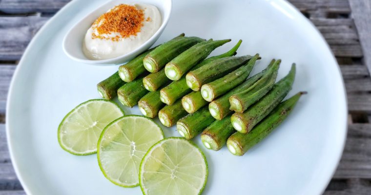 Roasted Okra with Ginger Miso Mayo Dip