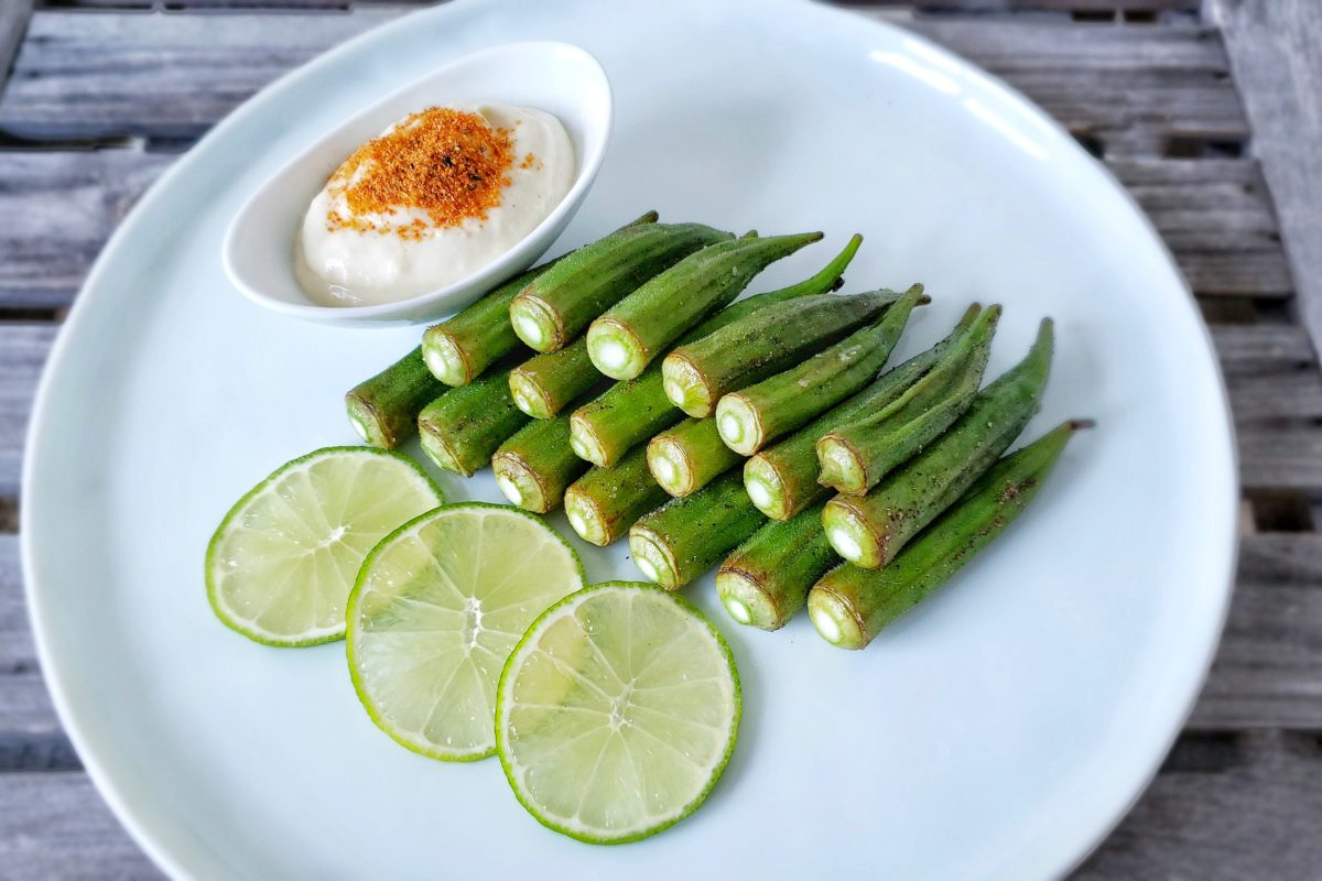 Roasted Okra with Ginger Miso Mayo Dip